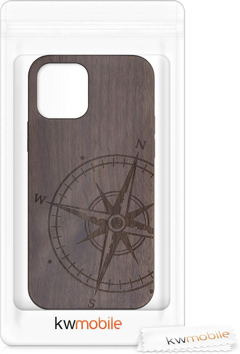 kwmobile Wood Case Compatible with Apple iPhone 12 / iPhone 12 Pro Case - Cover - Navigational Compass Dark Brown...