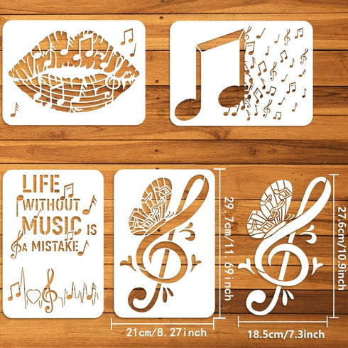 FINGERINSPIRE 4 pcs Music Painting Stencil 8.3x11.7 inch Reusable Musical Notes Lips Butterfly Drawing Template Life Without Music is a Mistake St...