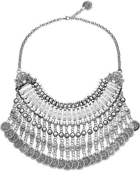 MJartoria Statement Necklace for Women, Boho Collar Choker Coin Tassel Ethnic Gypsy Chunky Necklace Antique Silver Color Bib Festival Halloween Ca...