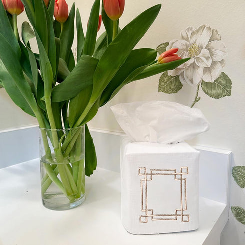 Jacaranda Living Square Tissue Box Cover, Linen/Cotton Fabric Tissue Holder, Decorative Cloth Tissue Cube Cover, Scrolls Design Greek Key (Beige)...