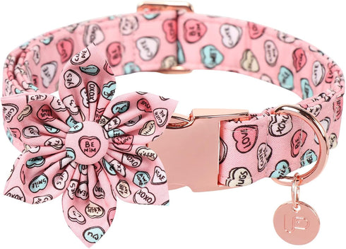 Valentine Dog Collar with Flower, Heart Flower Collar for Puppy Girl Boy Dog or Cat, Comfortable Dog Collar Flower with Durable Metal Buckle, Cute...