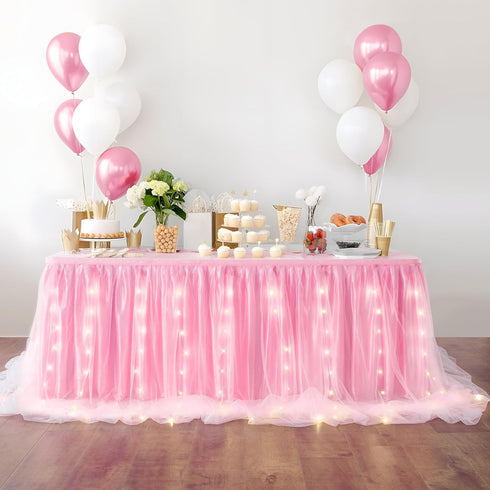 leegleri Pink Tulle Table Skirt for Baby Shower,6FT Pink Ruffle Tutu Table Skirt with LED Light for Princess Girls Birthday Party Cake Dessert Tab...