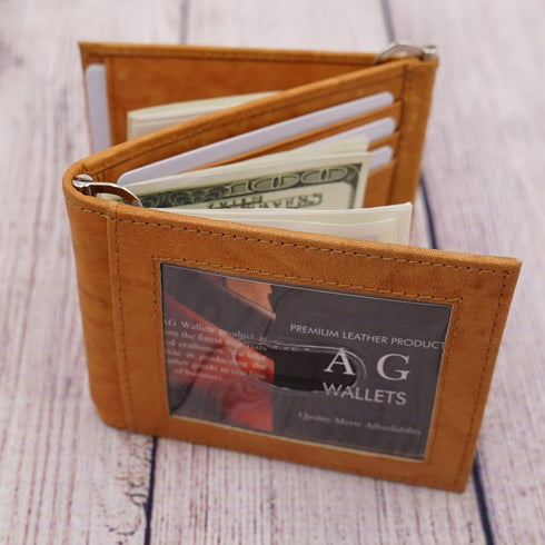 Men's Cowhide Trifold/Bifold Double Money Clip Wallet (Z Money Clip) (Tan Outside ID)...