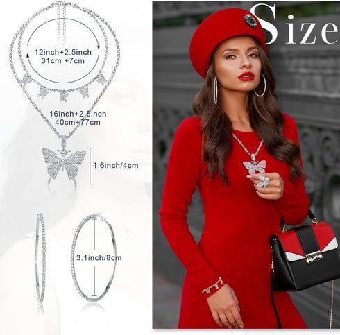 Bonuci 4 Pcs Butterfly Jewelry Set Butterfly Pendant Necklace Hoop Earrings Bracelet Ring Necklace Set for Women(Silver)...