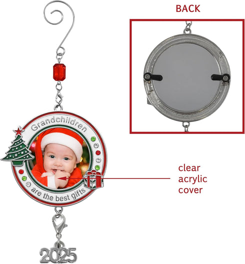 Grandchildren Photo Christmas Ornament - Dated 2025 Charm - Red White and Green Enameled and Jeweled Accents - Grandkids Picture Xmas Ornaments fo...