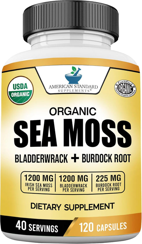 American Standard Supplements Organic Sea Moss, Bladderwrack & Burdock Root Capsules - 1200mg Sea Moss, 1200mg Bladderwrack, 225mg Burdock Root Pe...