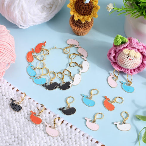SUNNYCLUE 1 Box 30Pcs 5 Colors Cute Stitch Marker Knitting Crochet Markers Enamel Whale Planner Charms Removable Leverback Locking Knit Markers fo...
