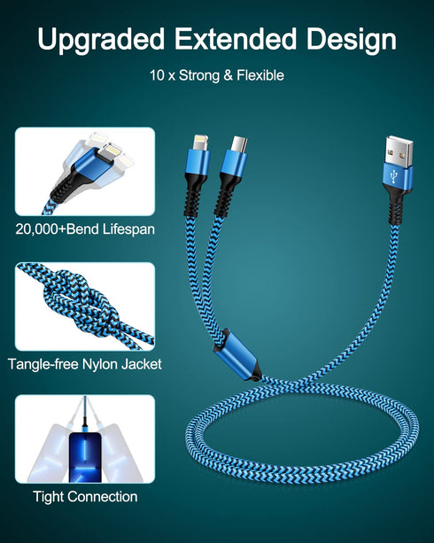 Apple Lightning & USB-c 2-in-1 Charging Cable (4 Feet), USB to Lightning & USB to Usbc Long Fast Charger Cord for iPhone 15 Plus 14 13 12 11 Pro/m...