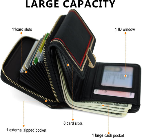 Wallet Women Credit Card Holder Black Small Wallets Cute Leather Coin Purse Minimalist Design Women's Travel Wallets with ID Window Kawaii Cash Wa...