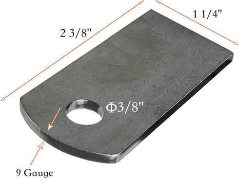 Weld on Steel tabs. Weld on Light tabs Made from Premium 9 Gauge A36 Hot Rolled Mild Steel. 1-1/4"x2-3/8" Weld tab with a 3/8" Hole. Weld Accessor...
