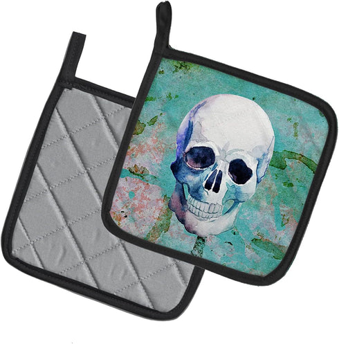 Caroline's Treasures BB5123PTHD Day of The Dead Teal Skull Pair of Pot Holders Kitchen Heat Resistant Pot Holders Sets Oven Hot Pads for Cooking B...