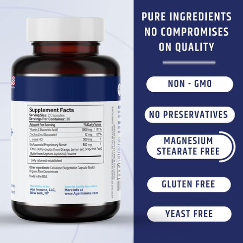 Vitamin C 1000mg Complex with L-Lysine 500mg, Zinc 12mg, Bioflavonoids 300mg. Doctor Formulated Magnesium Stearate Free Supplements for Healthy Im...
