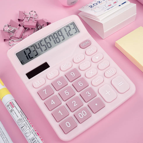 Cute Pink Desktop Calculator with Big Buttons, Dual Power Source, Solar and Battery, Large LCD Display, 2 Pack Desk Calculator- Perfect for Basic ...
