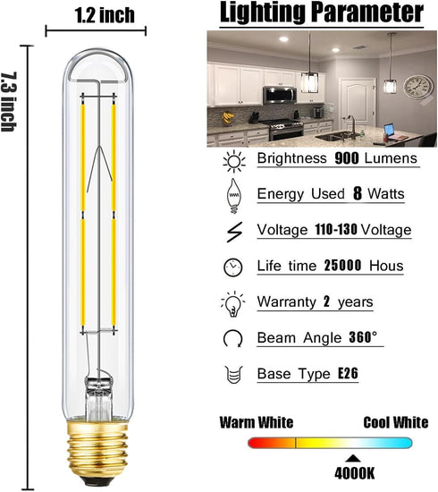 Leools Dimmable E26 Edison Bulb 8W Equal 75 watt Light Bulb AC120V Daylight 4000K Edison Light Bulbs 75 Watt 800LM Tubular T10 led Bulb for Rustic...