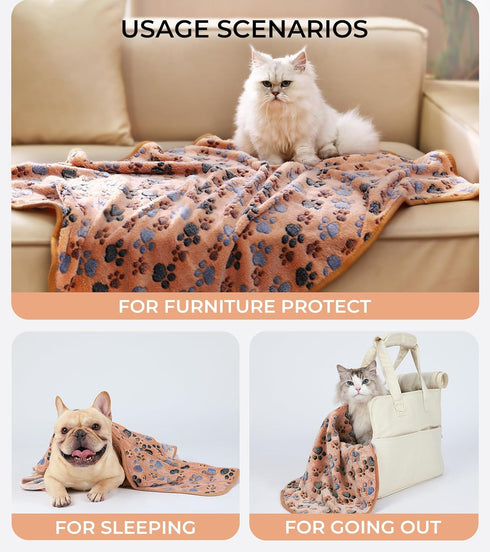 Luciphia 1 Pack 2 Pet Blankets for Dogs Cats, Fleece Print Dog Cat Blankets for Small Medium Large Puppy Kitten, Paw Brown White Small (23x16 inch...