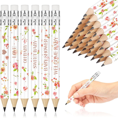 72 Pcs Baby Shower Half Pencils - 4 Inches Baby Shower Floral Pencils with Erasers - Mini Pencils Baby Shower for Girl Boy Kids School Office Baby...