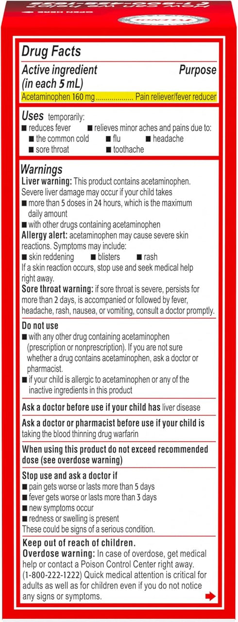 Children's Tylenol Liquid Oral Suspension Medicine, Acetaminophen Pain Reliever & Fever Reducer, Aspirin-, Ibuprofen- & Alcohol-Free, Cherry, 4 Fl...