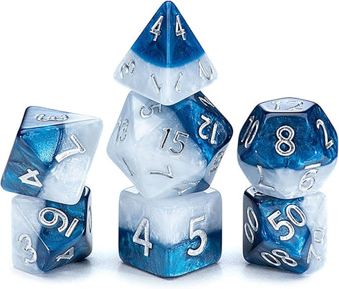 Gate Keeper Games and Dice: Halfsies Dice: Police Box - 7pc Set, Time Lord Blue & Doctor White, Pearlescent Swirl, 7 Resin Dice for Role Playing G...