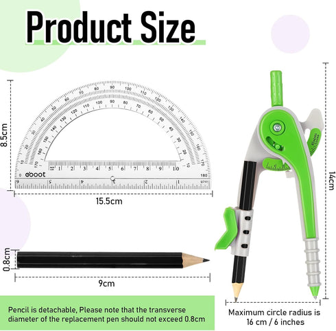 EBOOT Student Geometry Math Set, Drawing Compass and 6 Inch Clear Swing Arm Protractors 180 Degree Math Protractor (Green)...