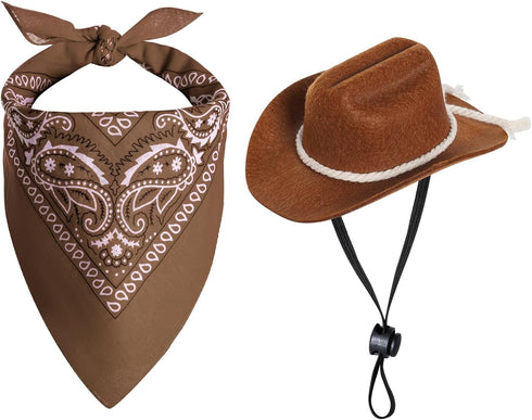 Dog Cowboy Hat Dog Cowboy Costume for Small Pet Dogs Cat Cowboy Hat with Bandana Scarf Set Party Accessories (Brown)...