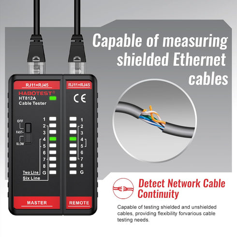 HT812A Network Cable Tester with RJ45 RJ11 Port, Ethernet Cable Tester, Ethernet Tester Tool Fast/Slow Gear, 60V Cable Telephone Line Continuity T...