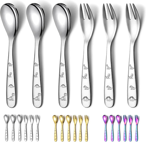 Toddler Utensils, 6 Pieces Stainless Steel Toddler silverware set, Kids Utensils Forks and Spoons, Mirror Polished Smooth Round Tableware and Dish...