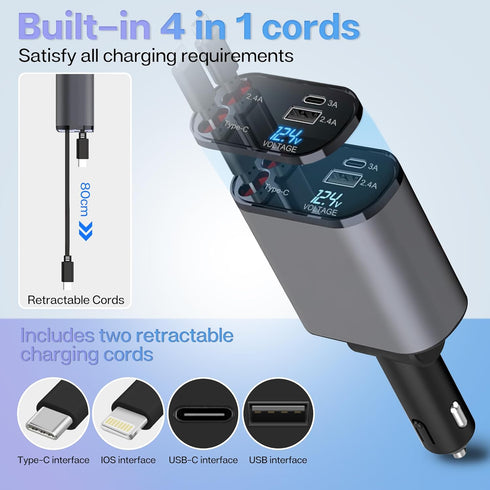 Retractable Car Charger with 100W, 4 in 1 Car Fast Charger for iPhone and Type C, Retractable Cables (31.5 inch) and 2 Charging Ports, Compatible ...