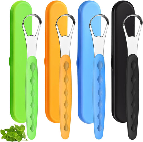 4 Pcs Tongue Scraper Cleaner Adults and Kids Stainless Steel Tongue Brush Metal Tongue Scraper Reduce Bad Breath with Travel Cases for Men Women O...