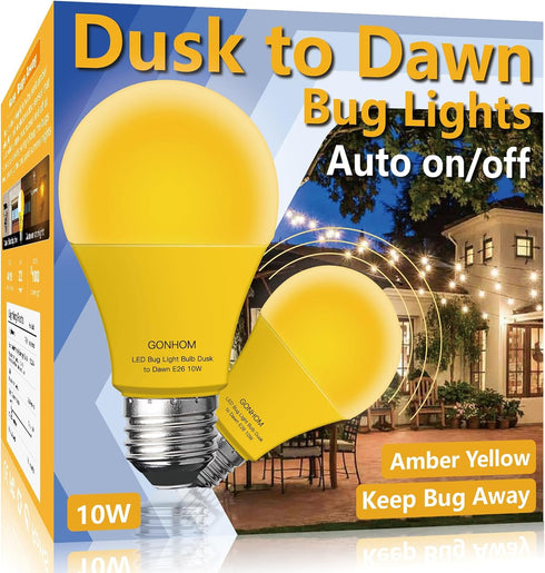 Dusk to Dawn Bug Light Bulb Outdoor,2 Pack Amber Bug Light Bulb,Auto On/Off,10W(100W Equivalent),E26 Base,Bug Lights for Outside.Home Hallway Porc...