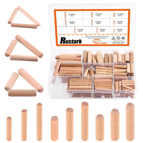 200Pcs Diagonal Grooved Wooden Dowel Pins Assortment Kit, 9 Sizes M6 M8 M10 Beveled Ends Tapered Pins Wooden Pegs for Furniture Door DIY Crafts St...