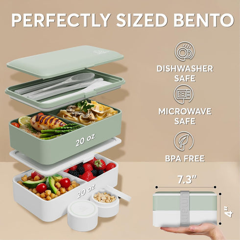Umami Bento Box Adult All-In-1 w/4 Utensils, 2Sauce Jars, 2 Dividers, 100% Leakproof, Microwave & Dishwasher Safe, Stackable Bento Lunch Box Conta...