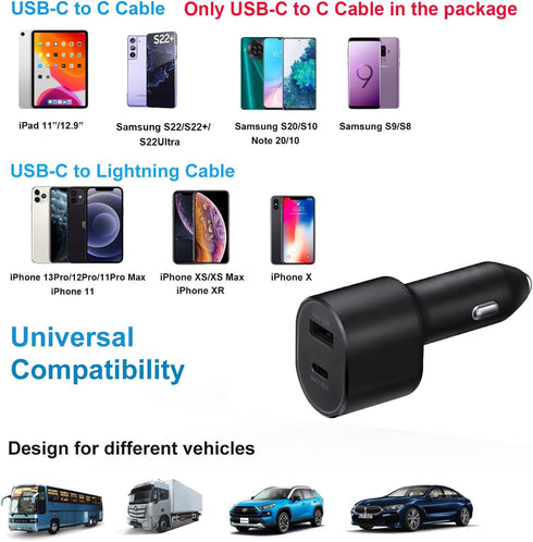 Samsung Super Fast Dual Car Charger (45W+15W) with Super Fast Charging Cable for Samsung Galaxy S22 S21 S20 Ultra Plus Note 10+,Google Pixel,Note ...