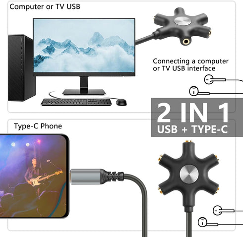 GINTOOYUN USB A/C Male to 5-Port 3.5mm Female Headphone Audio Splitter 5 Jack 3.5mm Stereo Music Sharer 1 Male and 5 Female Splitter Phone Compute...