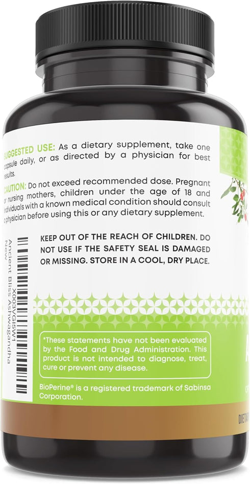 Ancient Bliss Ashwagandha with L-Theanine & Black Pepper Extract Capsules, Energy & Natural Mood Support Supplement, Focus Supplement for Adults...