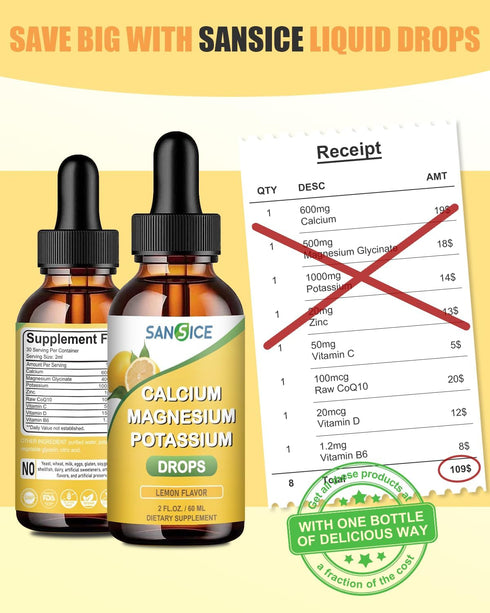 Calcium Magnesium Potassium Supplement Liquid,400mg Magnesium Glycinate,600mg Calcium Magnesium Drop Supplement with Vitamin D and Zinc (60ml/Lemo...