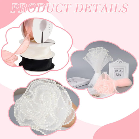 2Pack Bouquet Wrapping Paper with Pearl Florist, Pearl Edge Flower Wrapping Mesh Paper with 10 Yards Satin Ribbon for Florist Supplies Mother's Da...