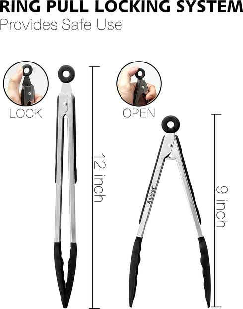 Anaeat Non-Stick Silicone Locking Tong Set of 2 - Stainless Steel 9" and 12" Kitchen Food Tongs with Non-Slip Silicone Tips and Grip for Cooking, ...
