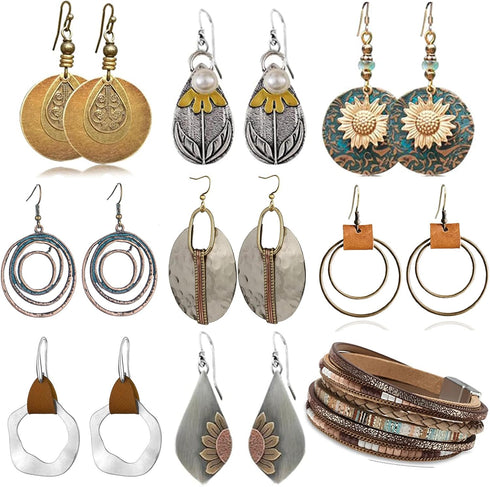 FIFATA 9 Pairs Boho Earrings for Women Vintage Oval Round Ethnic Sunflower Dangle Earrings with Leather Wrap Bracelets Jewelry Set Christmas Earri...