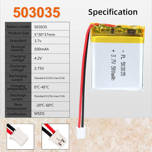 3.7V 500mAh 503035 Lipo Battery Rechargeable Lithium Polymer ion Battery Pack with PH 2.0mm JST Connector...