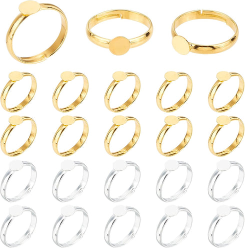 PH PandaHall 40pcs Ring Blanks, 17mm Adjustable Ring Base Blank Tray with 6mm Flat Base, Gold Silver Blank Finger Rings Cabochon Bezel for Rings M...
