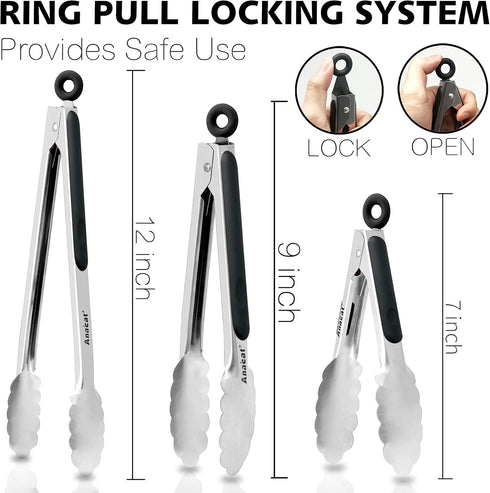 Anaeat Premium Kitchen Locking Tong Set of 3 - Heavy Duty Stainless Steel Food Tongs with Long Handle & Non-Slip Silicone Grip for Cooking, Baking...