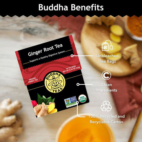 Buddha Teas - Organic Ginger Root Tea - Herbal Tea - For Health & Wellbeing - With Antioxidants & Minerals - Clean Ingredients - Caffeine Free - O...