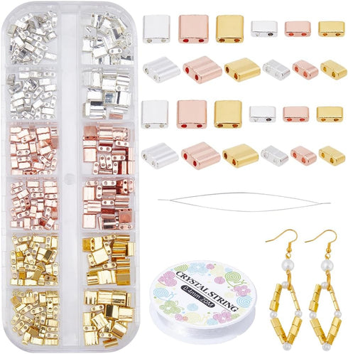 CREATCABIN 300Pcs 2 Hole Tila Beads Kit 6 Styles Mix Glass Seed Beads Bulk Rectangle Mini Opaque Square Beading Needles Elastic Thread for Craft B...