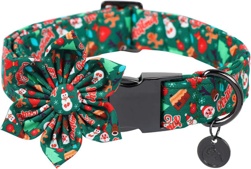 DOGWONG Christmas Holiday Dog Collar with Flower, Cute Cotton Dog Collar Green Santa Dog Collar Durable Soft Pet Dog Collar for Small Medium Large...