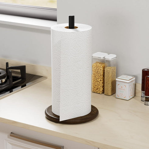 Black Paper Towel Holder Stand with Exquisite Wood Round Base, Niffgaff Free-Standing Paper Towel Roll Dispenser for Kitchen Countertop, Fits Stan...