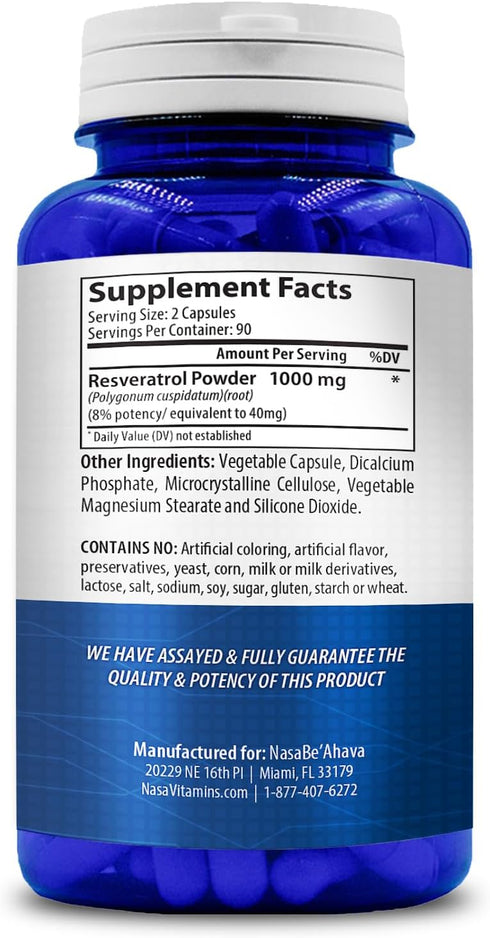 NASA Beahava 100% Pure Resveratrol - 1000mg Per Serving Max Strength (180 Capsules) Antioxidant Supplement Extract, Natural Trans-Resveratrol Pill...