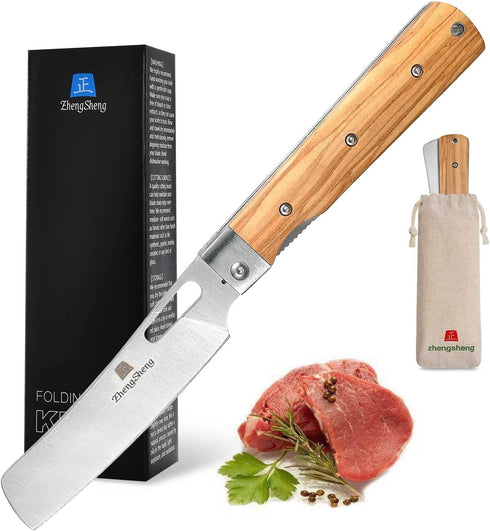 ZhengSheng Folding Chef Knife 4.8” Ultra Sharp 440A Stainless Steel Blade Natural Olive Handle Pocket Foldable Japanese Style Kitchen Knife for Ou...