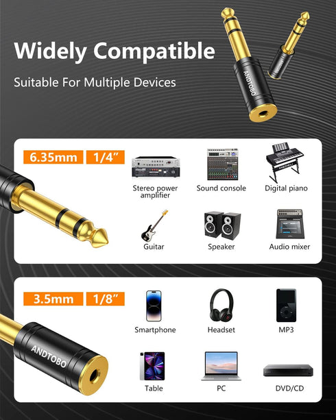 ANDTOBO 1/4''(6.35mm) Male to 1/8'' (3.5mm) Female Stereo Audio Jack Pure Copper Adapter for Headphone, Amp, 1 Pack-Black...