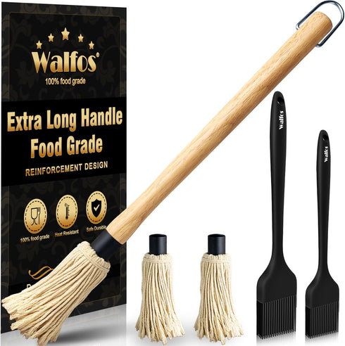 Walfos Basting Brush Silicone and BBQ Mop, Grill Basting Mop with 3 Heads and 2Pcs Pastry Brushes, Wooden Long Handle, Heat Resistant for Grilling...