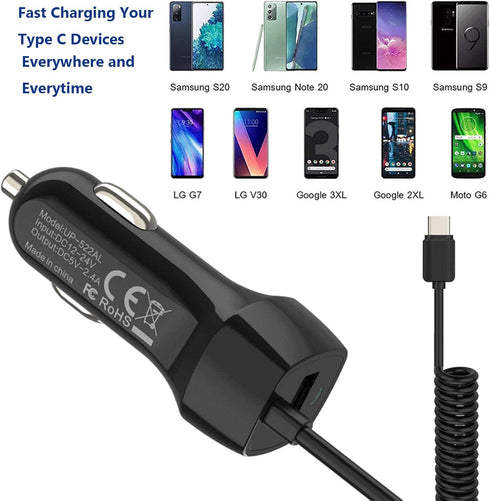 2Pack 2.4A Fast Charging USB C Car Charger Adapter with 3ft Type C Coiled Cable for Samsung Galaxy S22 S21 S20 FE S20 Plus Ultra S10 S10e S9 S8+ A...